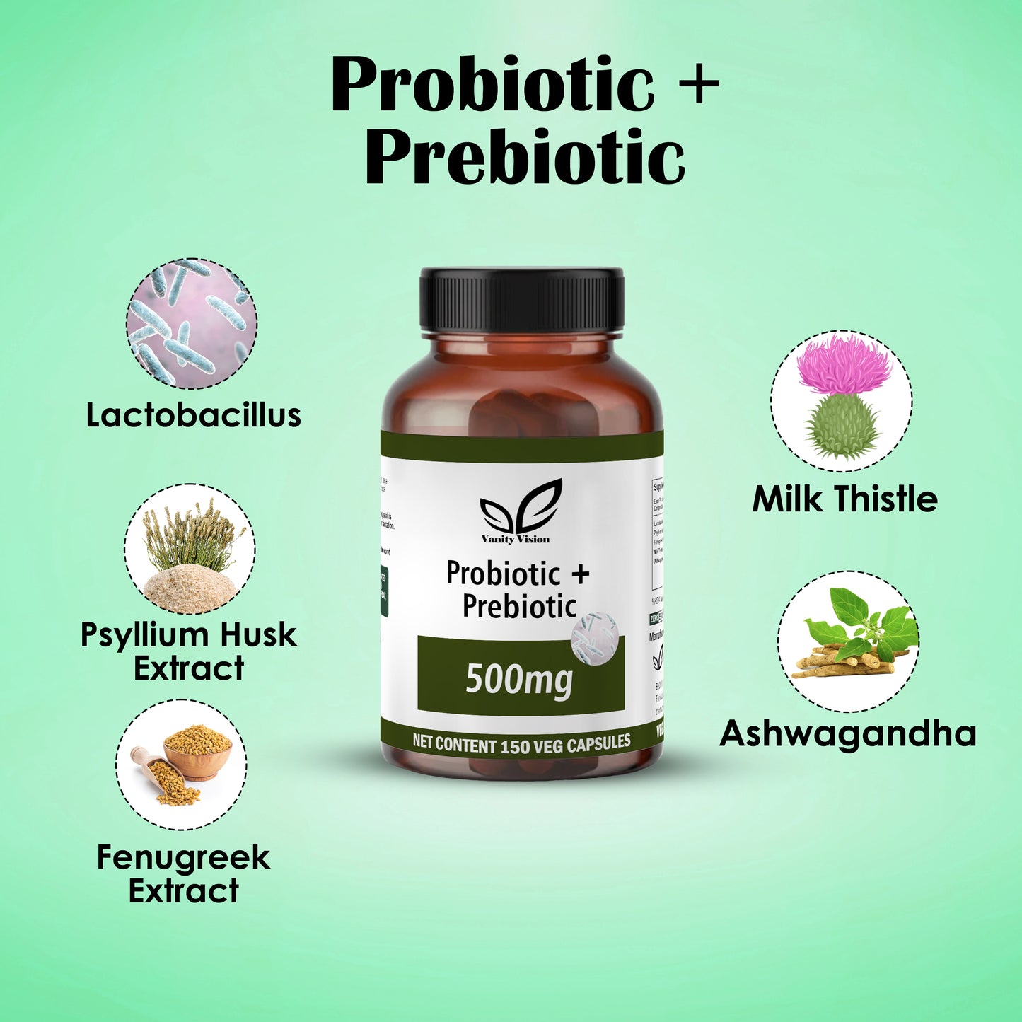 Probiotic + Prebiotic 500mg 150 Capsules – Supports Gut Health & Digestive Balance