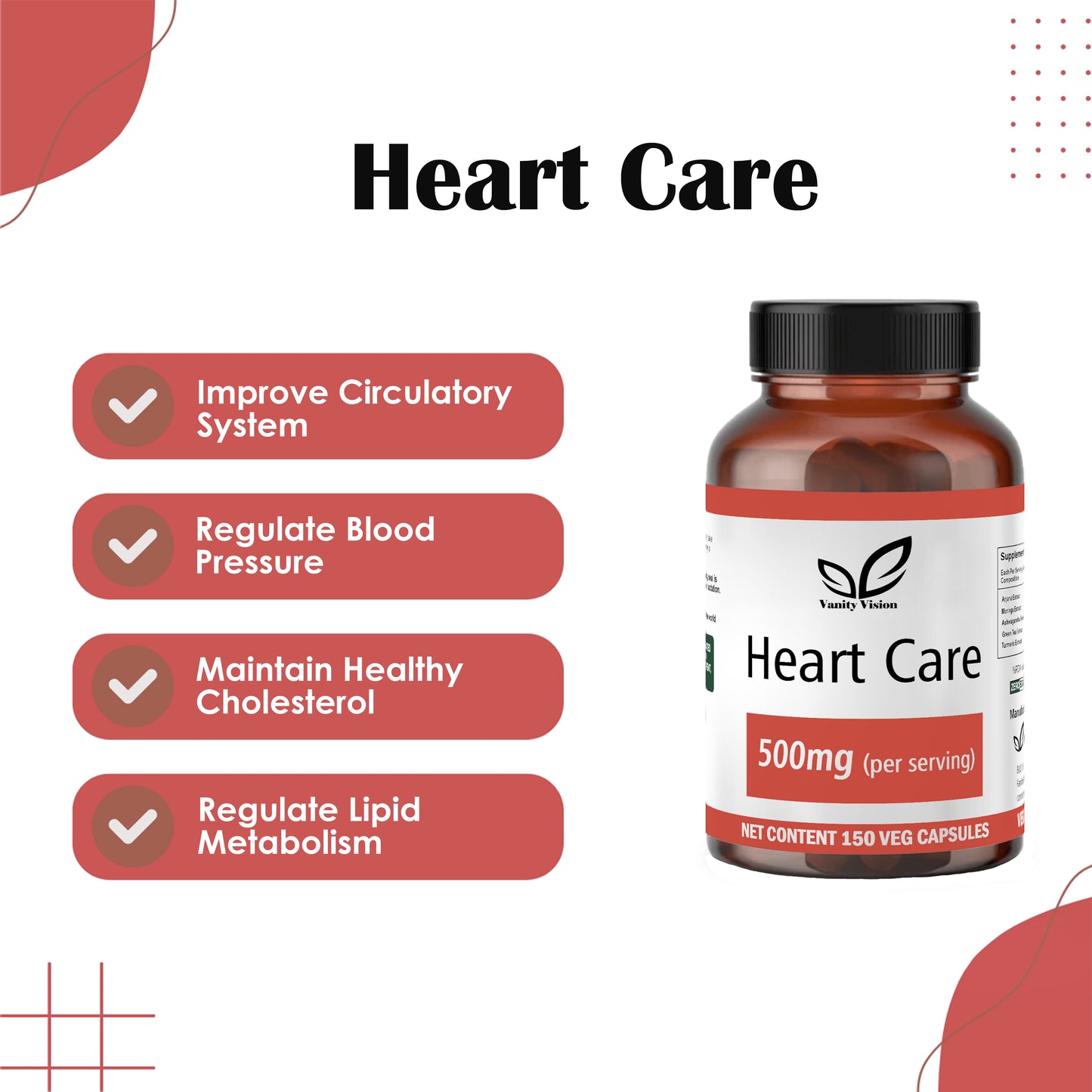 Heart Care 500mg Capsules –for Cardiovascular Health, Circulation, and Heart Function