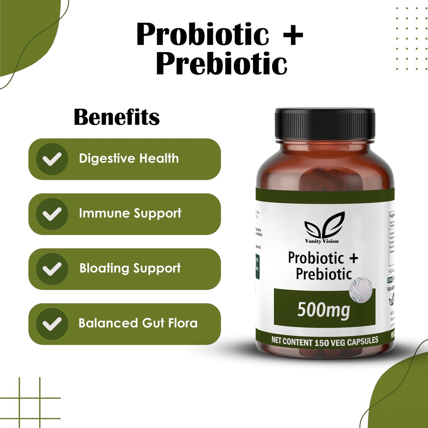 Probiotic + Prebiotic 500mg 150 Capsules – Supports Gut Health & Digestive Balance
