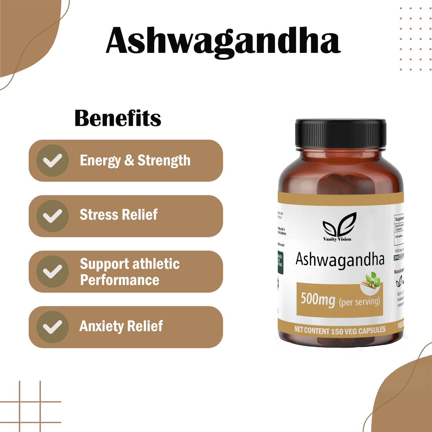 Ashwagandha 500mg Capsules - Natural Stress Relief, Vitality Boost