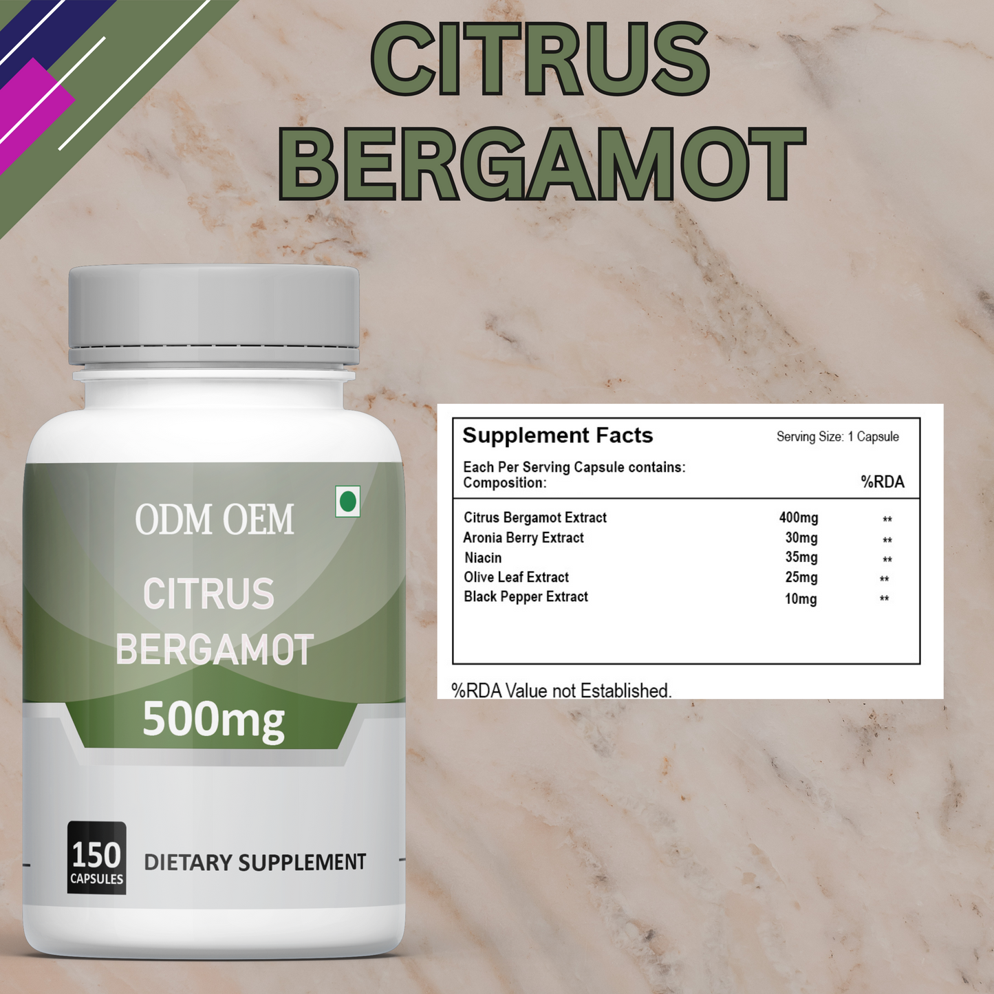 Citrus Bergamot 500mg  150 Capsules - Pure Citrus Bergamot Extract Supplement