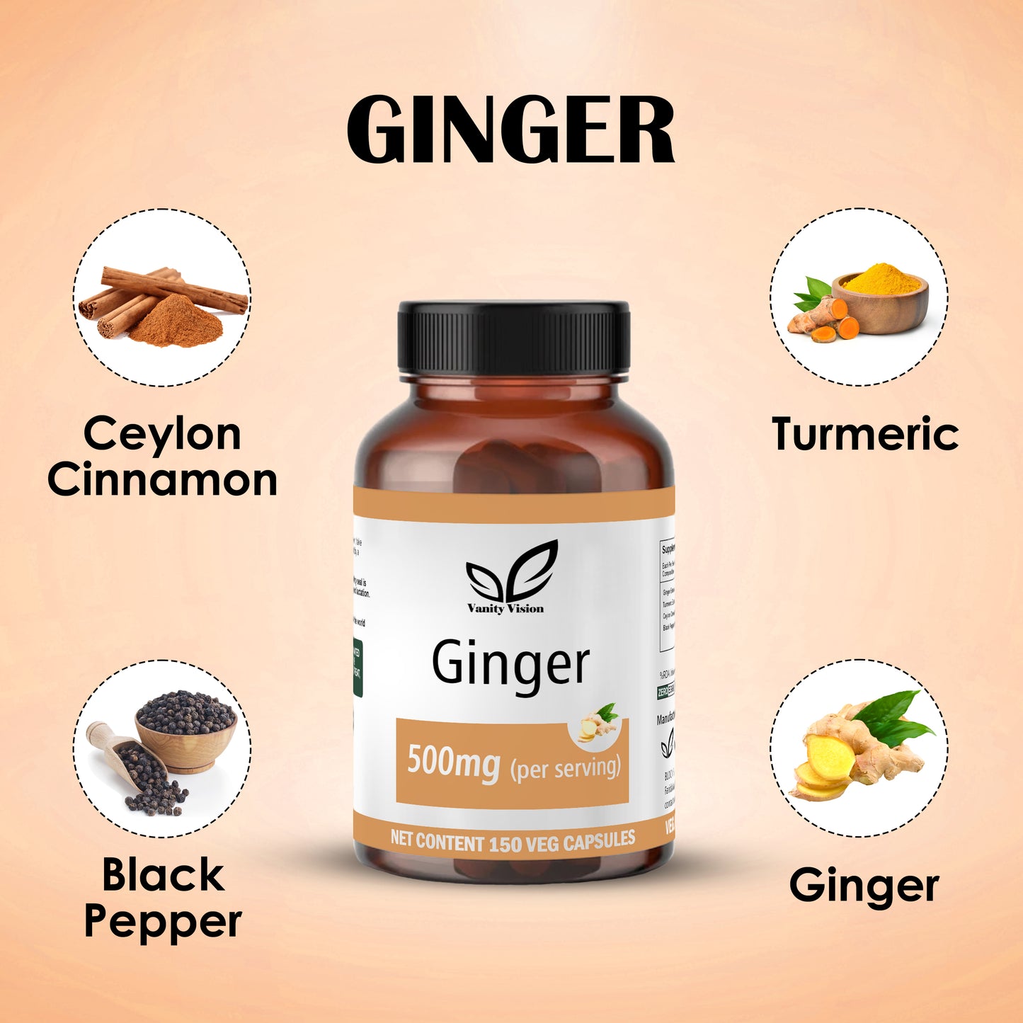 Ginger 500mg Capsules – Natural Digestive Support, Anti-Inflammatory, and Immune Booster