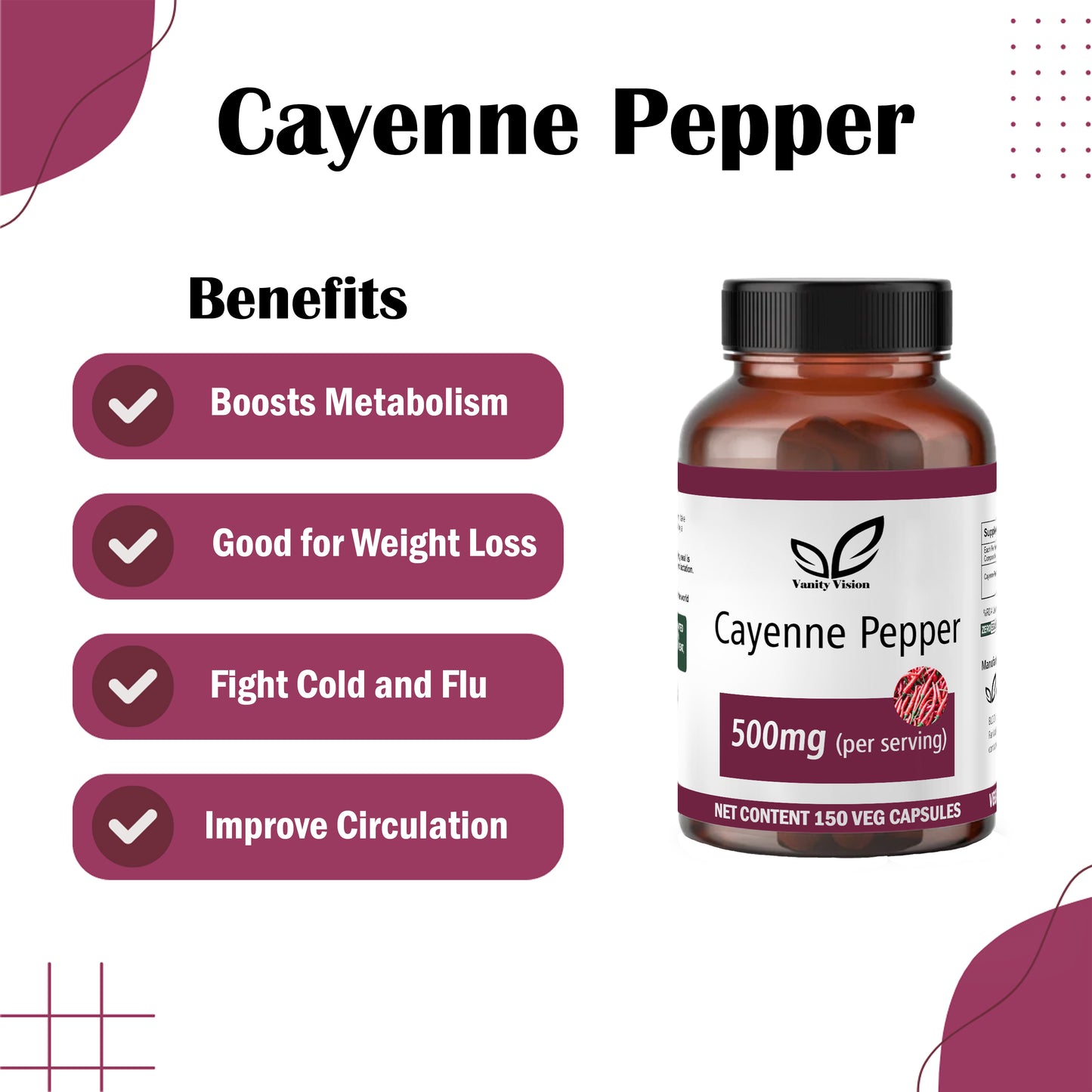 Cayenne Pepper 500mg Capsules – Natural Metabolism Booster, Digestive Support, and Circulatory Health